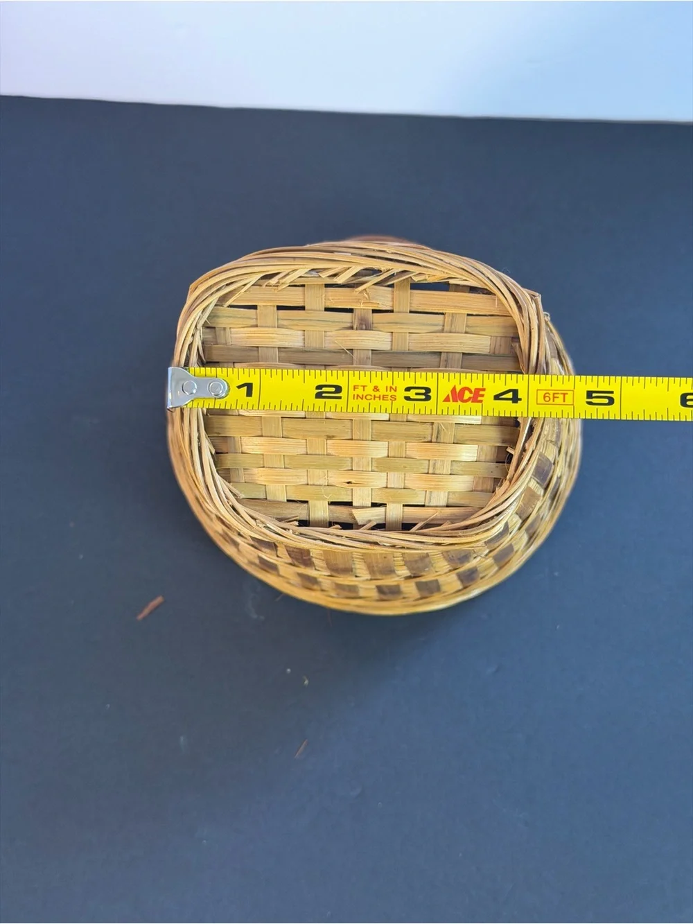 Vintage Hanging Tortoise Shell Woven Bamboo Basket Vintage 10x7in Boho Decor